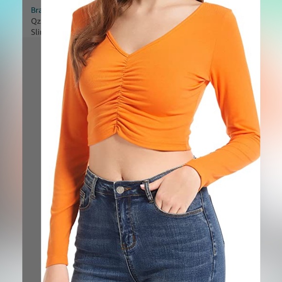 Qzzater Women’s crop top long sleeve V-Neck Ruched Front slim fit ribbed; Size:L - Picture 2 of 4